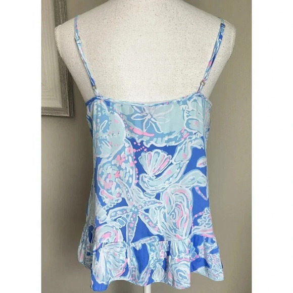 Lilly Pulitzer Coral Top Tank Into the Deep Ruffle Hem Blue Pink Small S - Picture 2 of 4